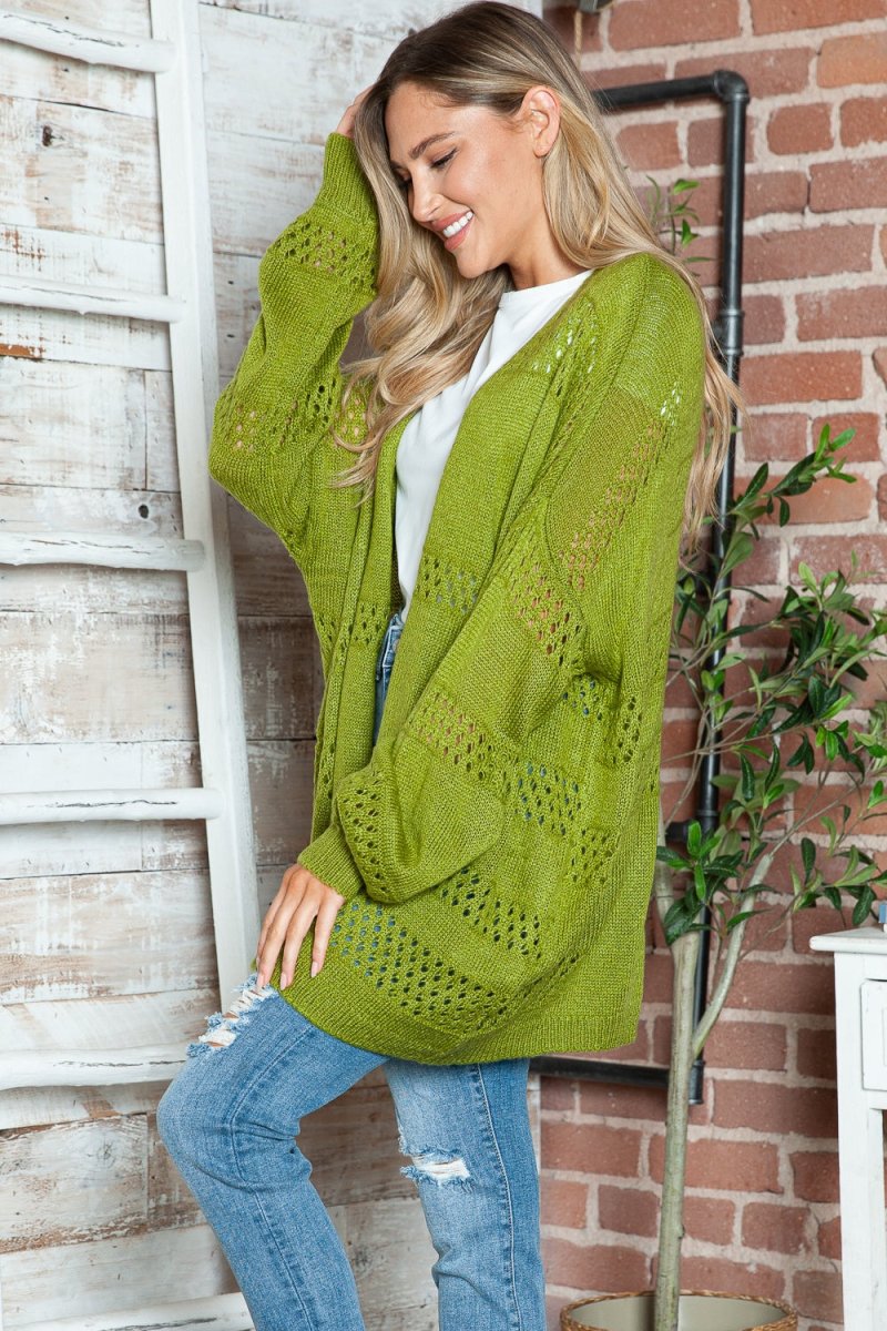 Openwork Open Front Long Sleeve Cardigan - Outerwear