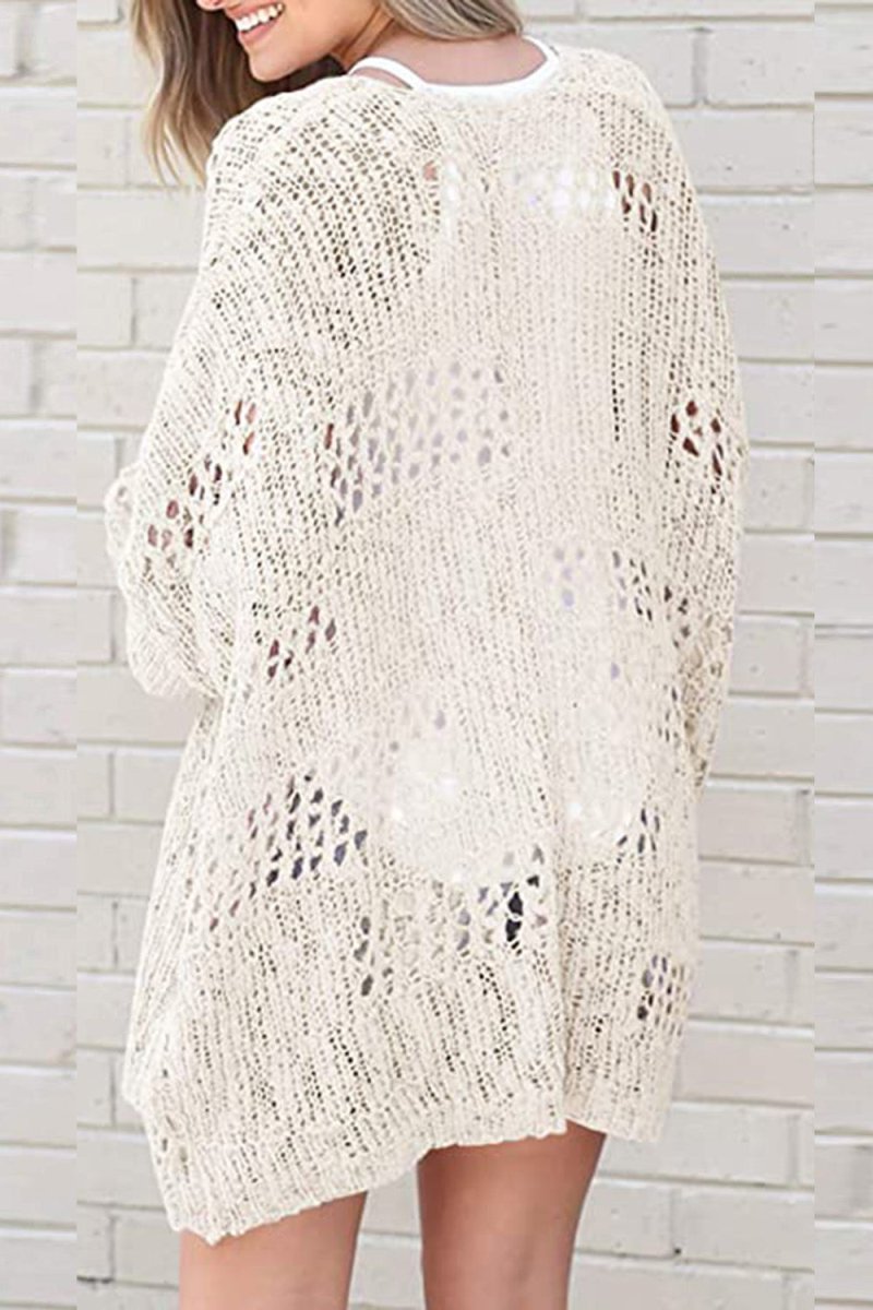 Openwork Open Front Long Sleeve Cardigan - Outerwear