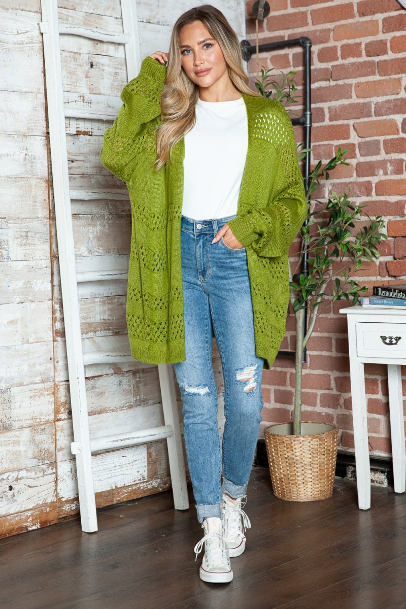 Openwork Open Front Long Sleeve Cardigan - Outerwear