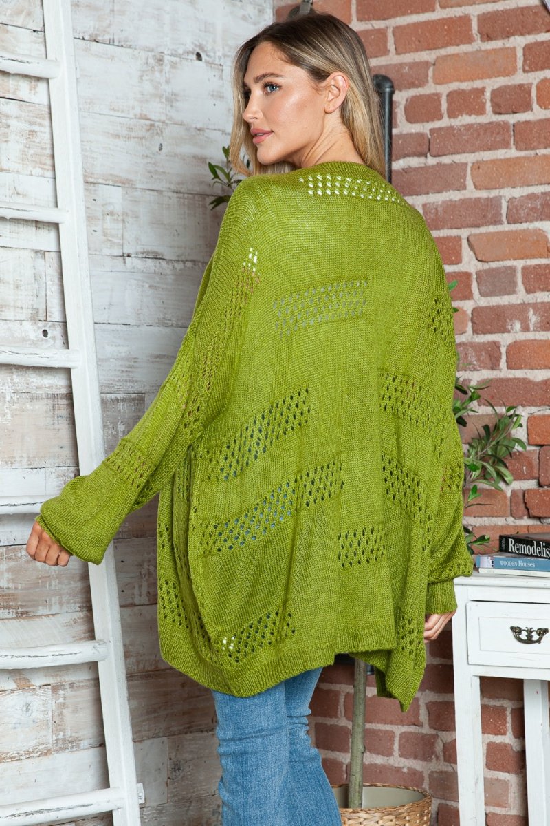 Openwork Open Front Long Sleeve Cardigan - Outerwear