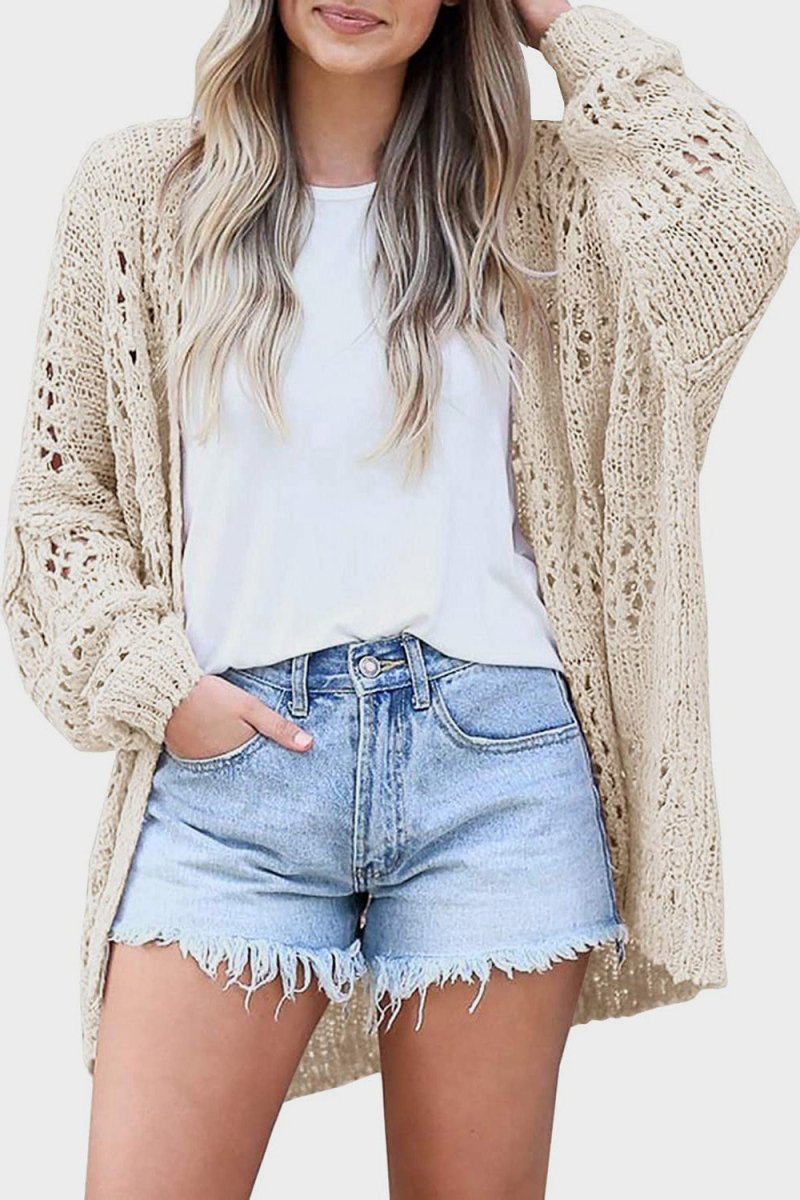 Openwork Open Front Long Sleeve Cardigan - Outerwear