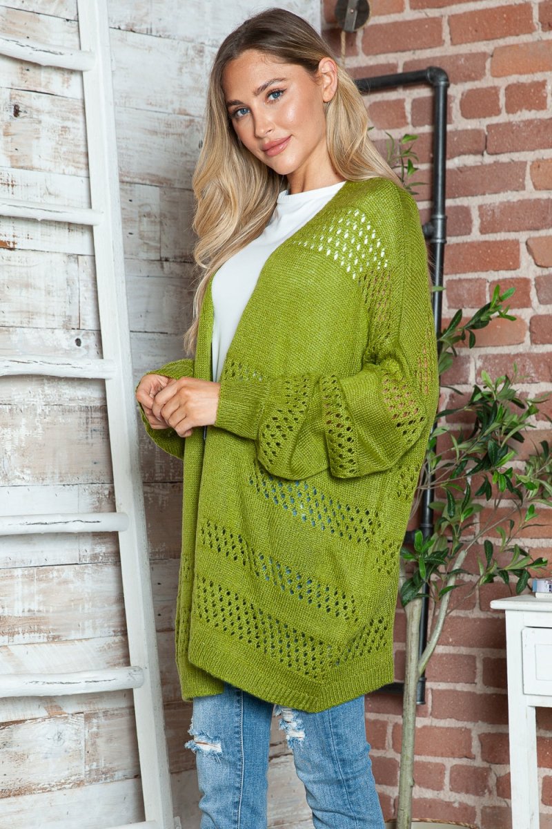 Openwork Open Front Long Sleeve Cardigan - Outerwear