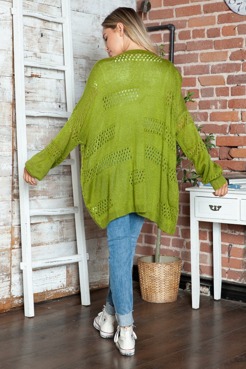 Openwork Open Front Long Sleeve Cardigan - Outerwear