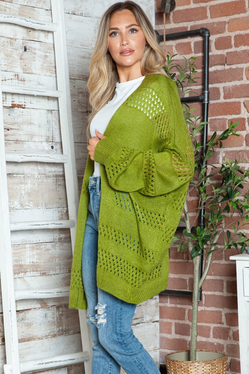 Openwork Open Front Long Sleeve Cardigan - Outerwear