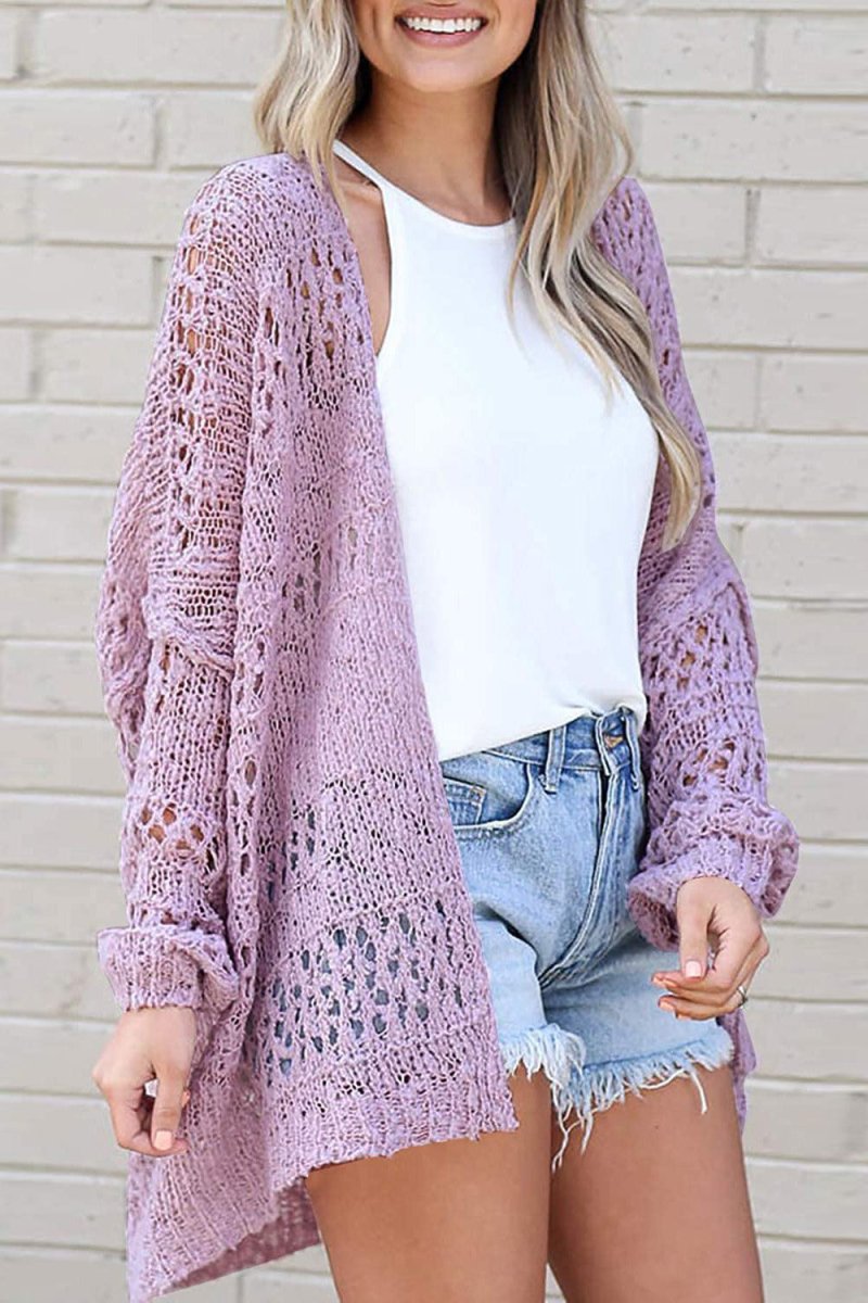 Openwork Open Front Long Sleeve Cardigan - Outerwear