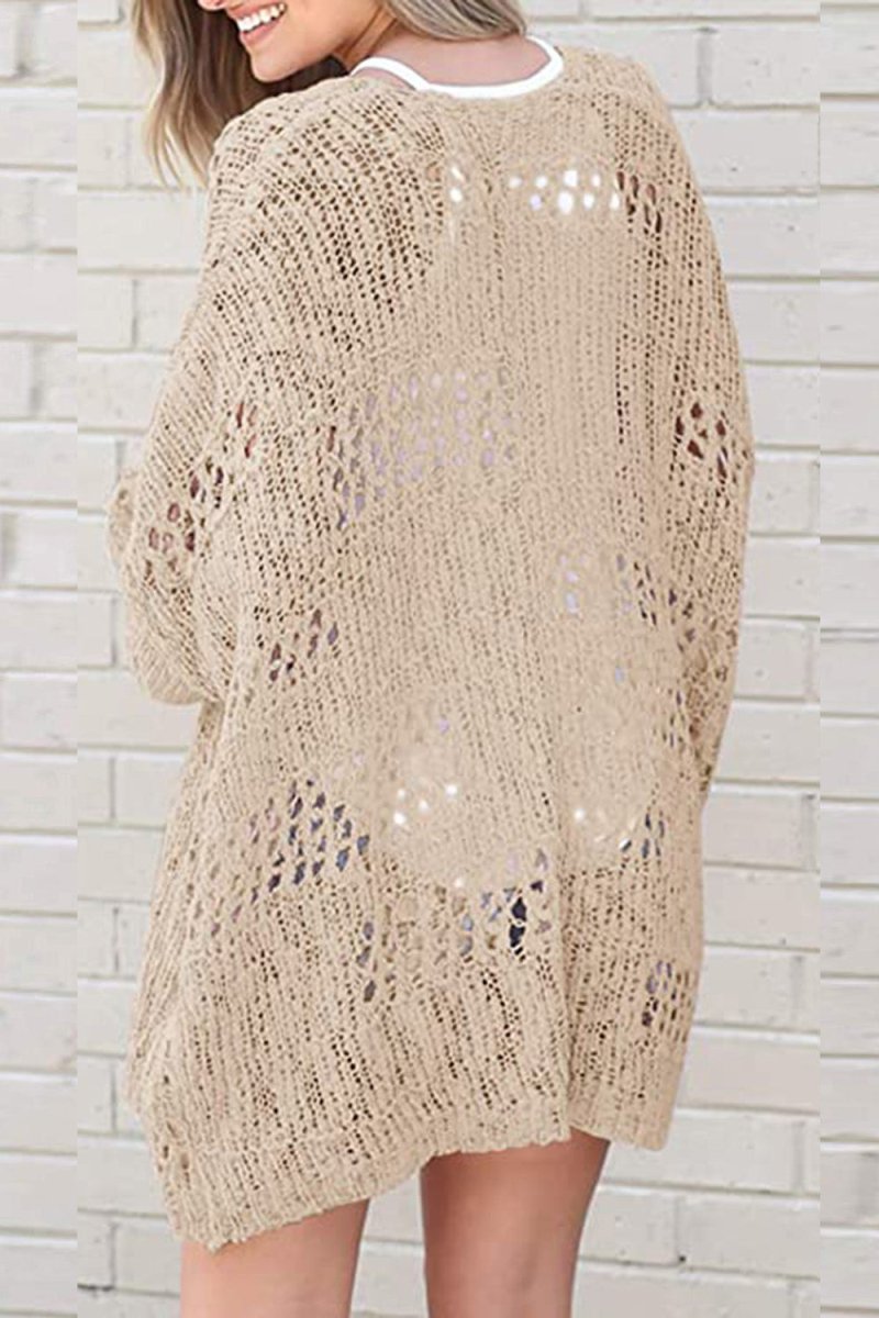 Openwork Open Front Long Sleeve Cardigan - Outerwear