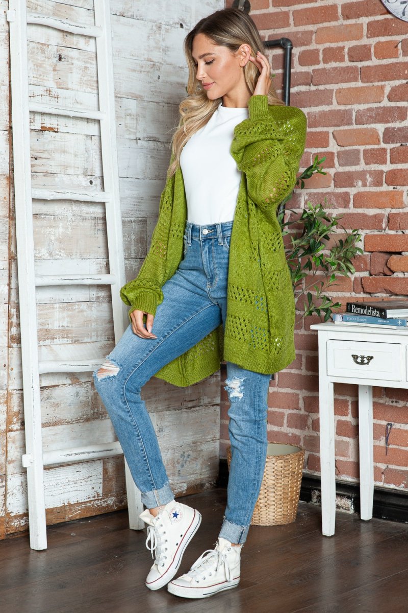 Openwork Open Front Long Sleeve Cardigan - Outerwear