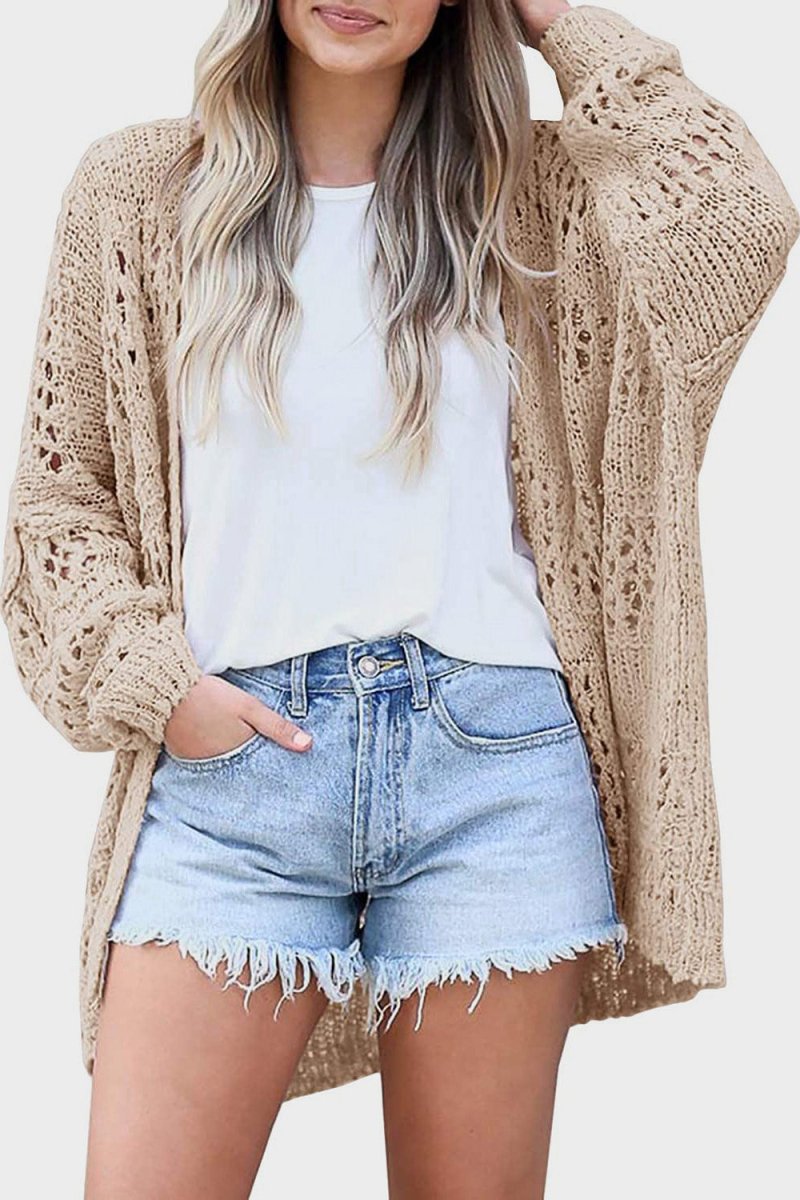 Openwork Open Front Long Sleeve Cardigan - Outerwear