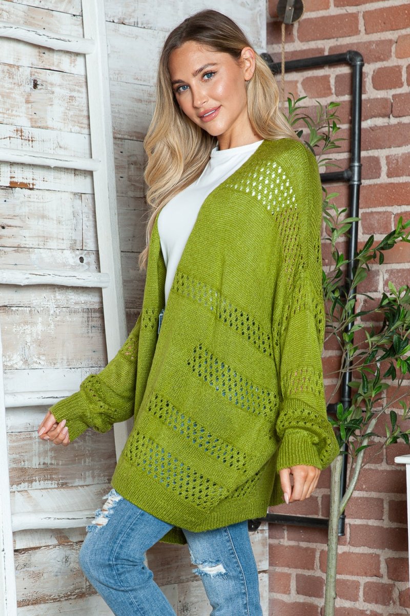 Openwork Open Front Long Sleeve Cardigan - Outerwear