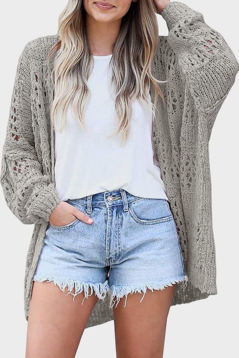 Openwork Open Front Long Sleeve Cardigan - Outerwear