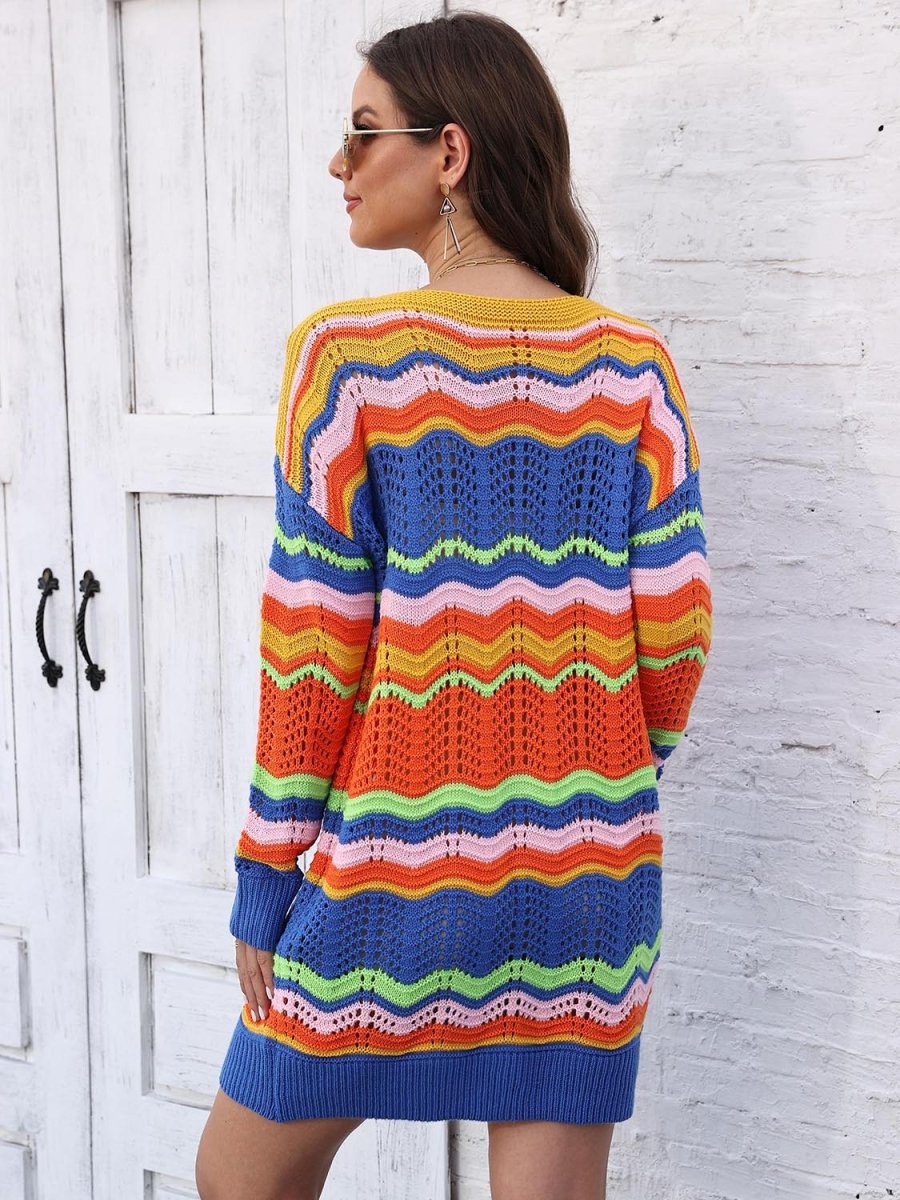 Openwork Round Neck Sweater Dress - Sweater Dress