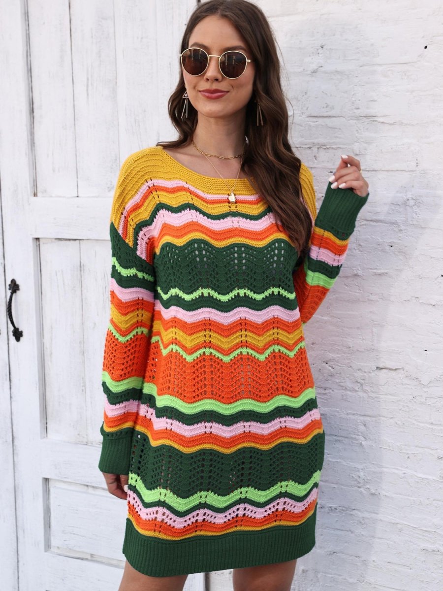 Openwork Round Neck Sweater Dress - Sweater Dress