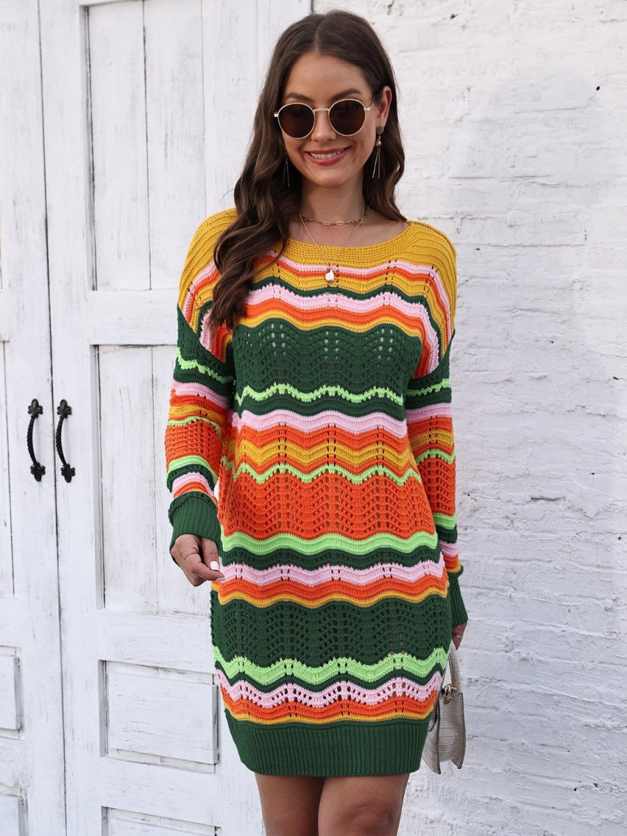 Openwork Round Neck Sweater Dress - Sweater Dress