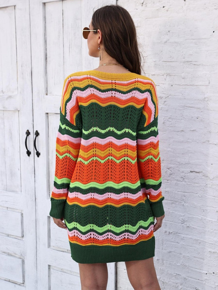 Openwork Round Neck Sweater Dress - Sweater Dress
