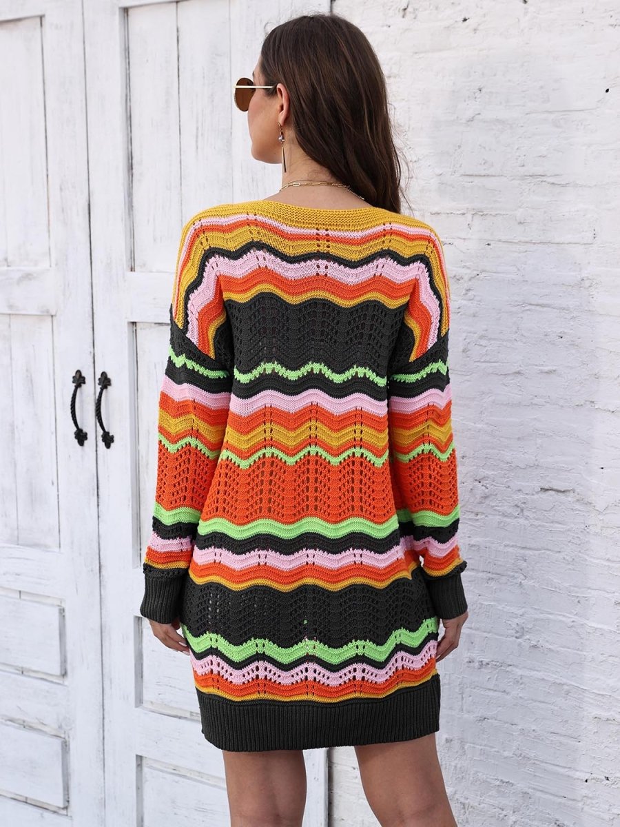 Openwork Round Neck Sweater Dress - Sweater Dress