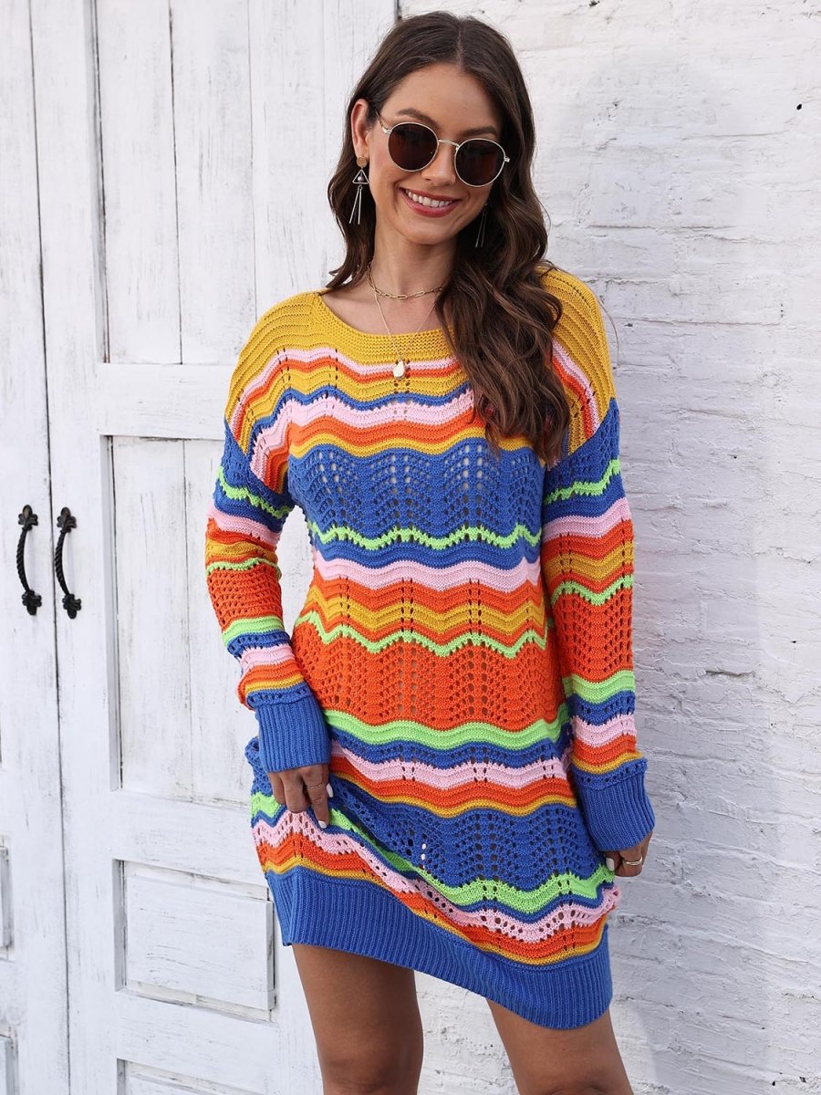 Openwork Round Neck Sweater Dress - Sweater Dress