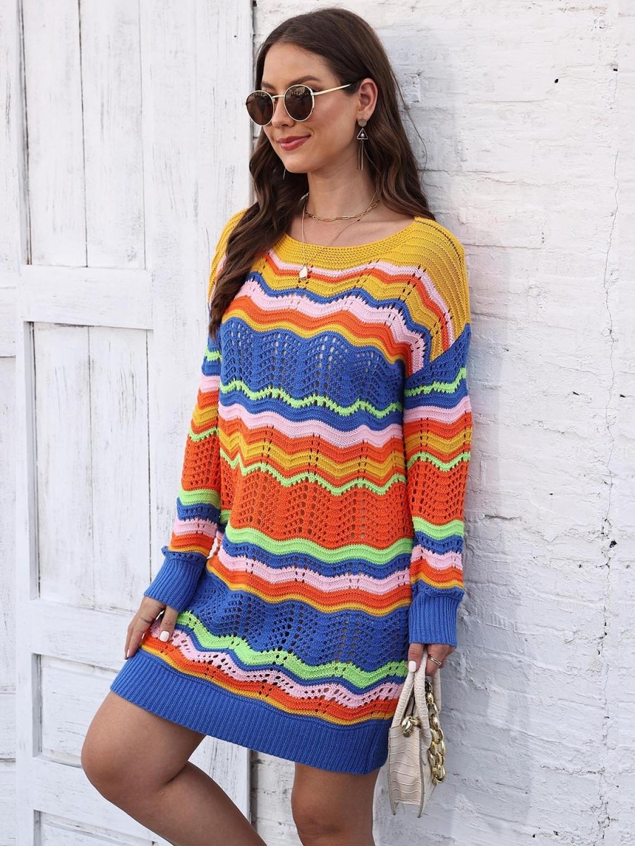 Openwork Round Neck Sweater Dress - Sweater Dress