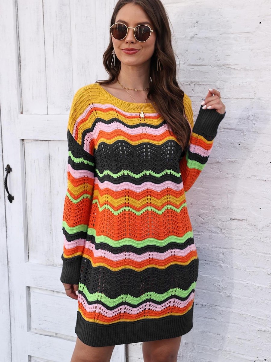 Openwork Round Neck Sweater Dress - Sweater Dress