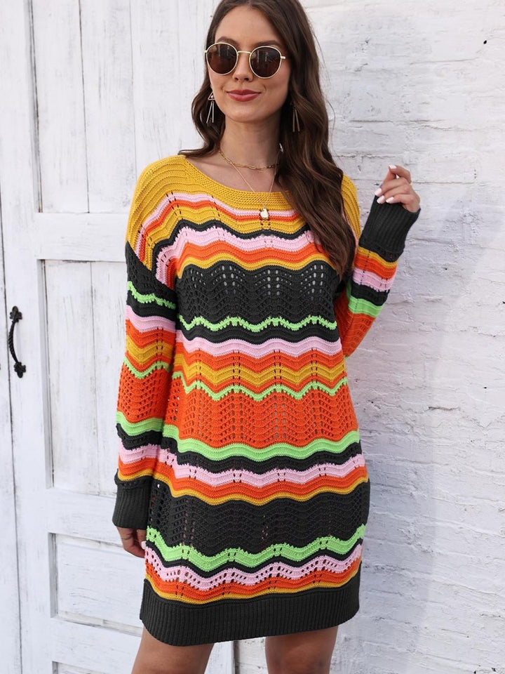 Openwork Round Neck Sweater Dress - Sweater Dress