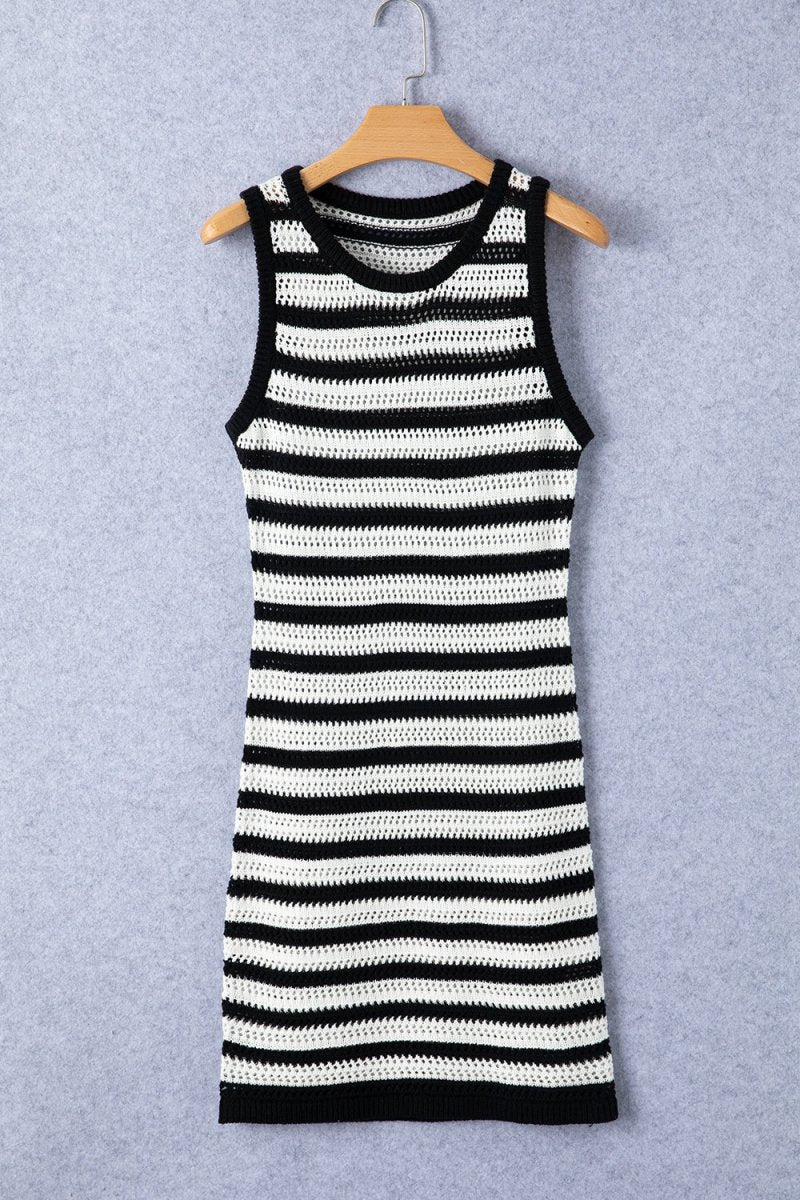 Openwork Striped Wide Strap Knit Dress - Sweater Dress