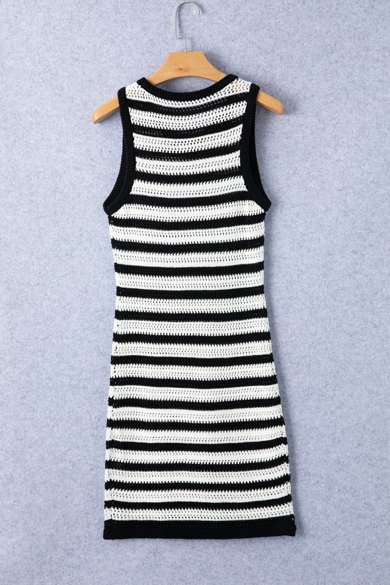 Openwork Striped Wide Strap Knit Dress - Sweater Dress
