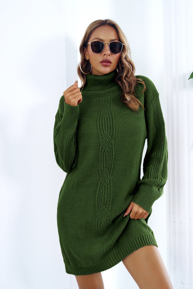 Openwork Turtleneck Long Sleeve Sweater Dress - Sweater Dress