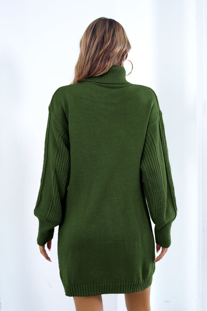 Openwork Turtleneck Long Sleeve Sweater Dress - Sweater Dress