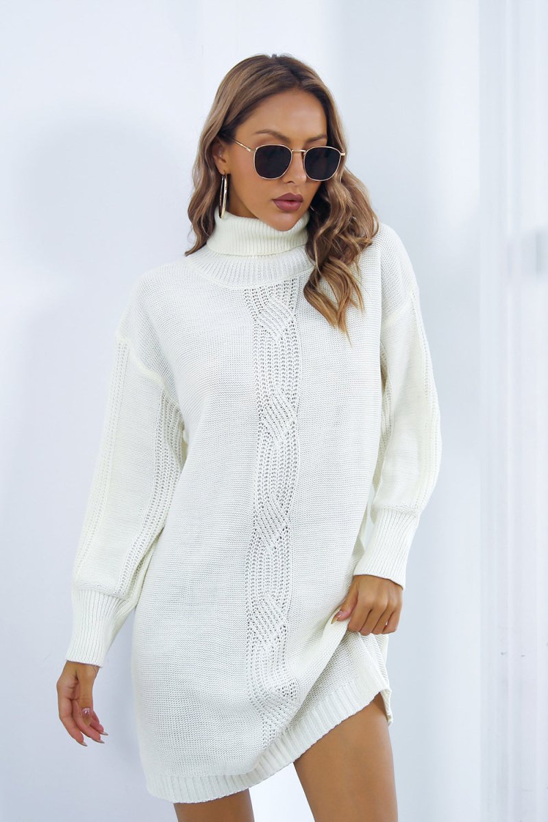 Openwork Turtleneck Long Sleeve Sweater Dress - Sweater Dress