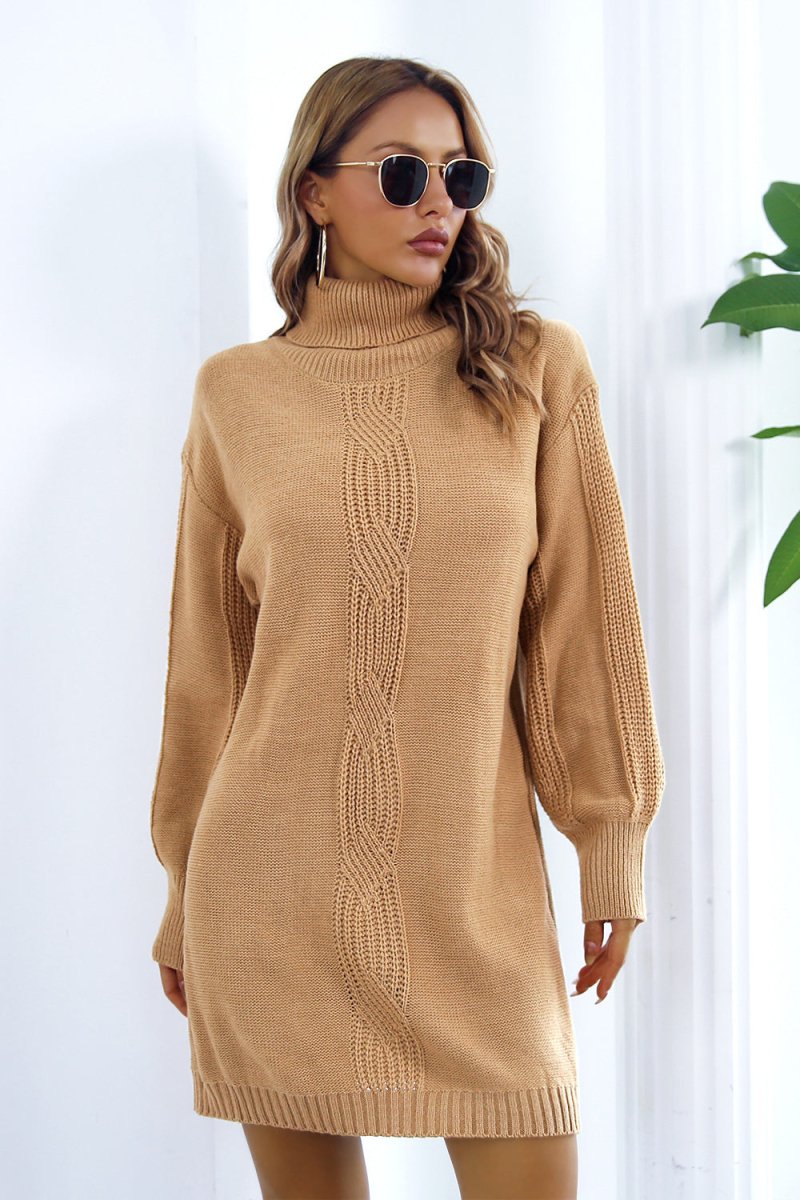 Openwork Turtleneck Long Sleeve Sweater Dress - Sweater Dress