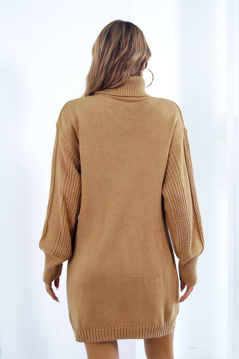 Openwork Turtleneck Long Sleeve Sweater Dress - Sweater Dress