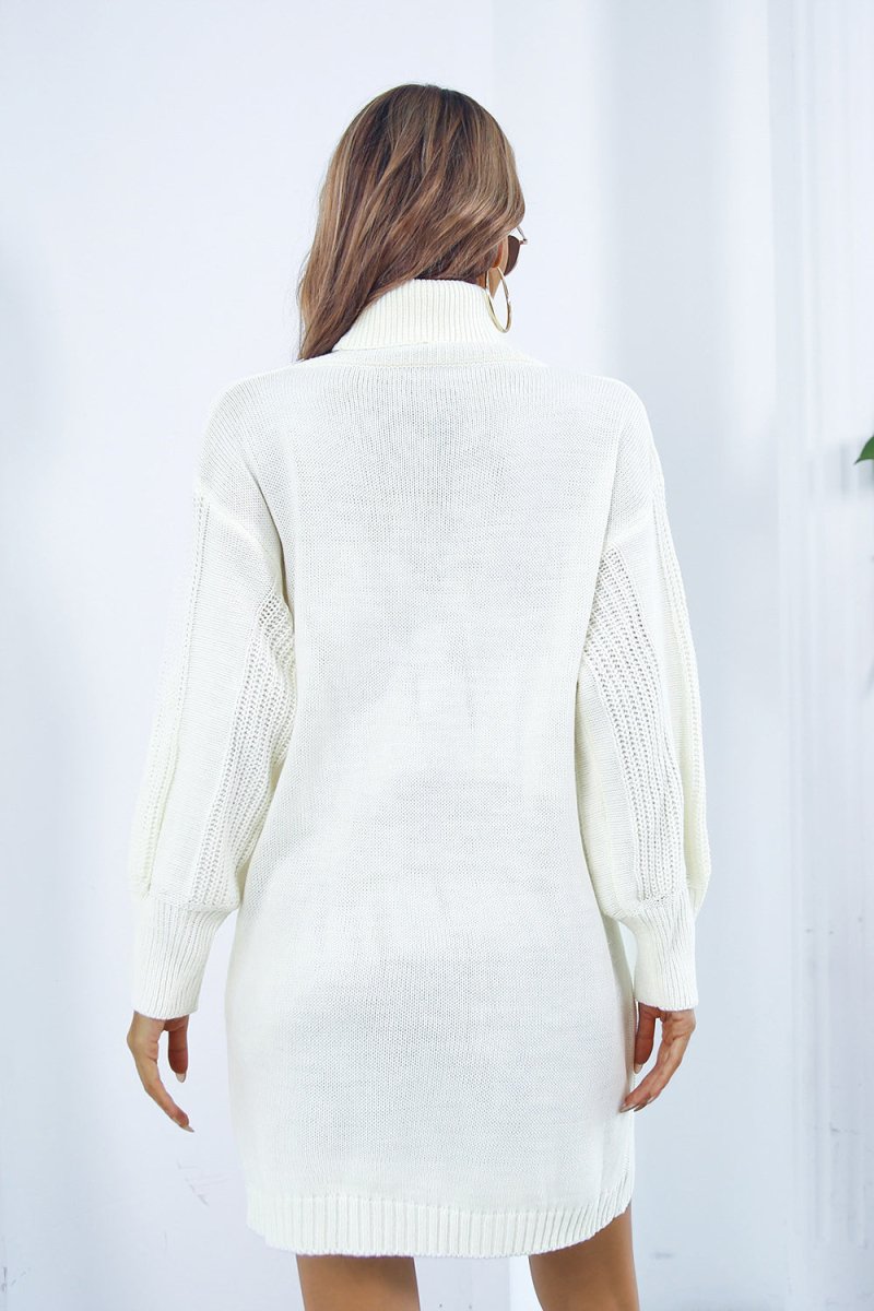 Openwork Turtleneck Long Sleeve Sweater Dress - Sweater Dress