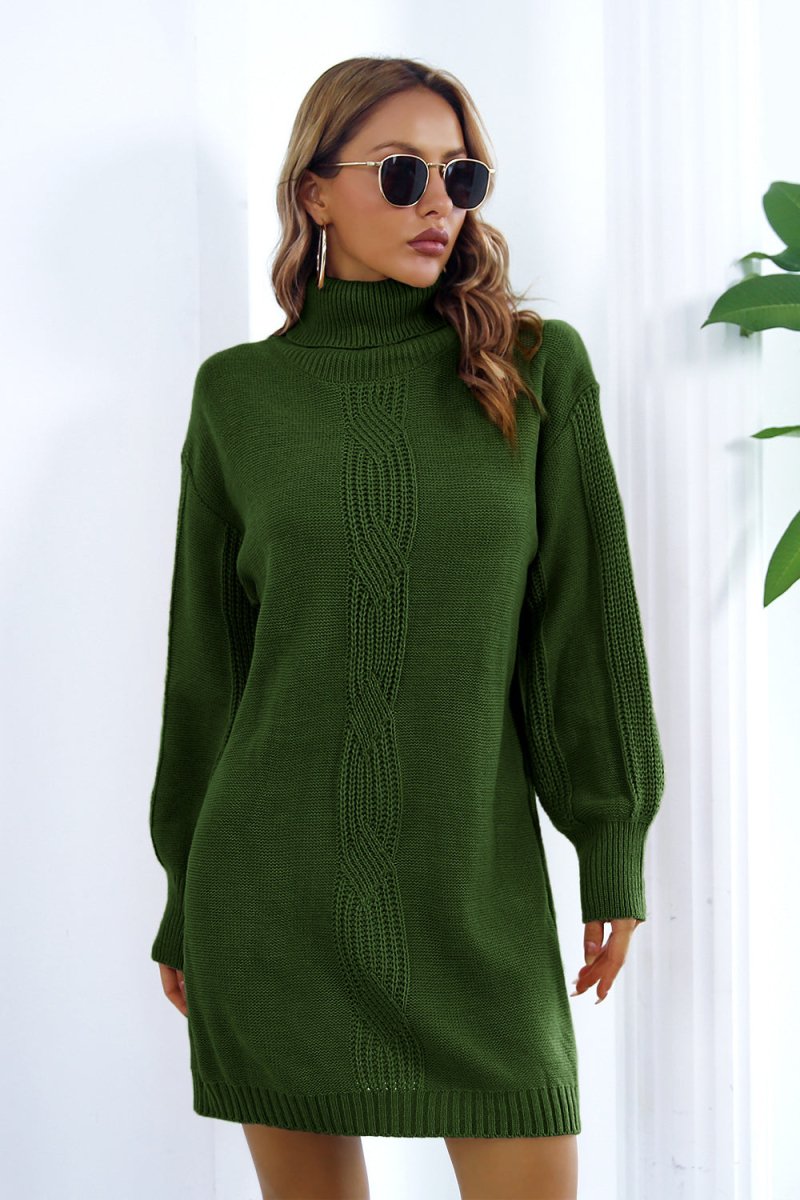 Openwork Turtleneck Long Sleeve Sweater Dress - Sweater Dress