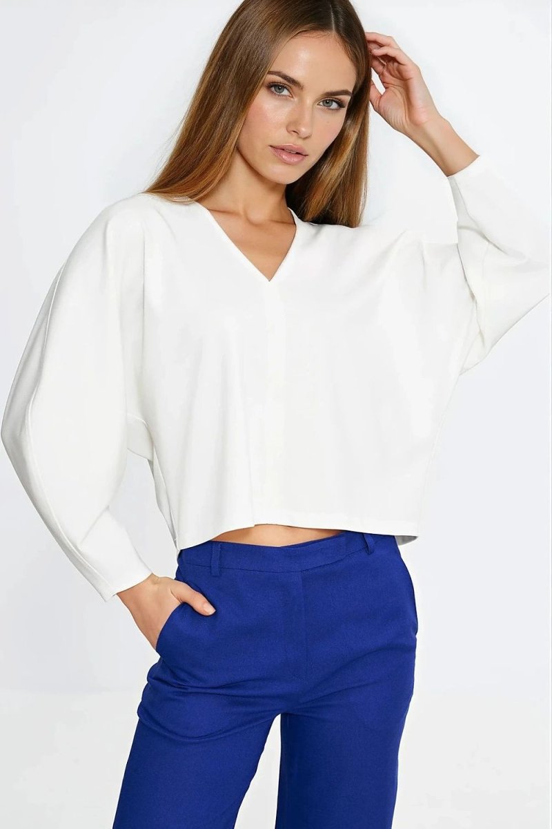 Oversize V - Neck Blouse with Balloon Sleeves - 