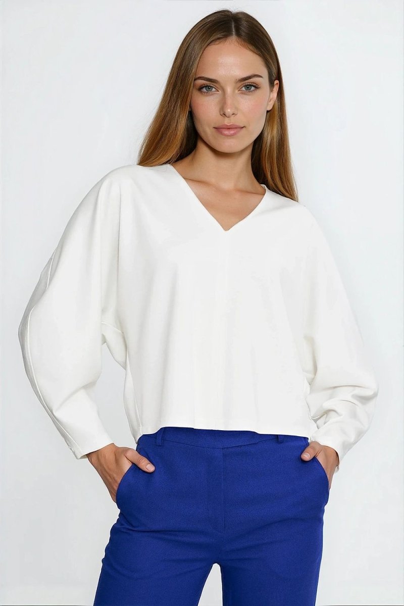 Oversize V - Neck Blouse with Balloon Sleeves - 