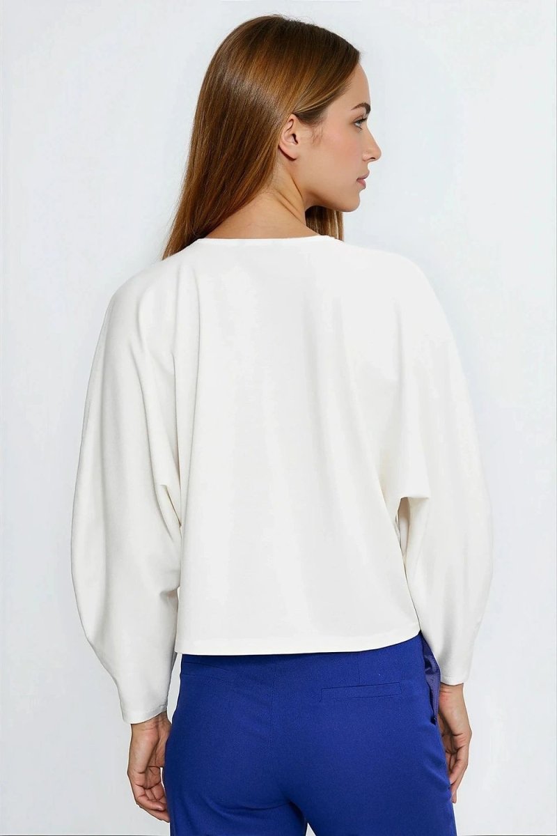 Oversize V - Neck Blouse with Balloon Sleeves - 
