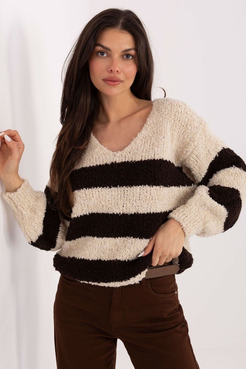Oversized Striped V - Neck Sweater - 