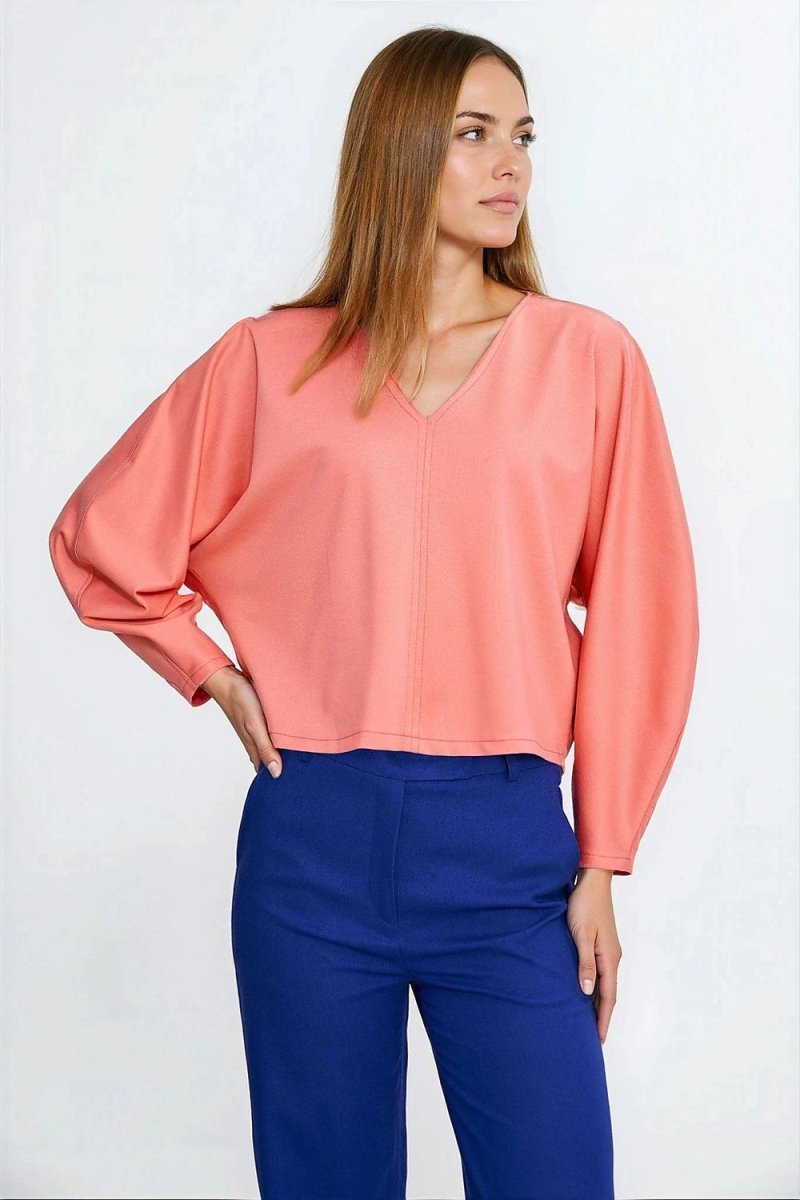 Oversized V - Neck Balloon Sleeve Blouse - 