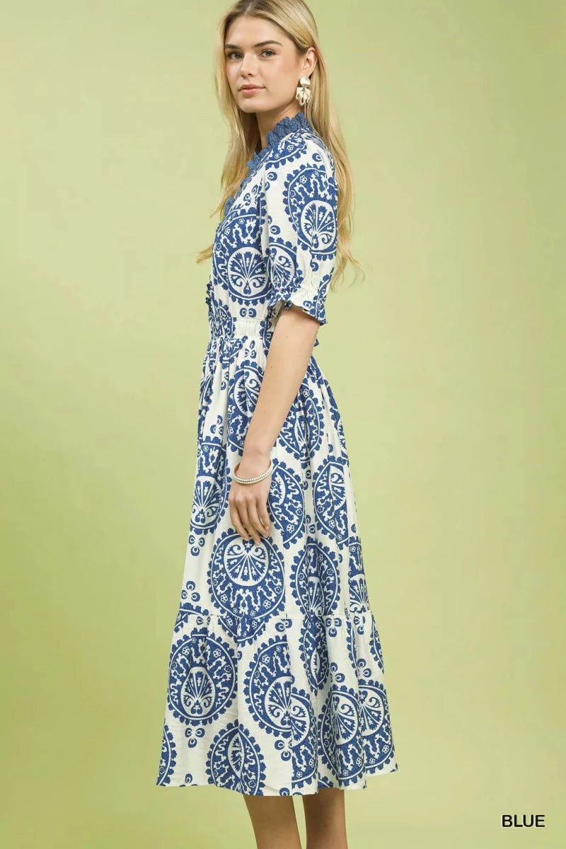 Paisley Midi Dress with Smocked Waist - 