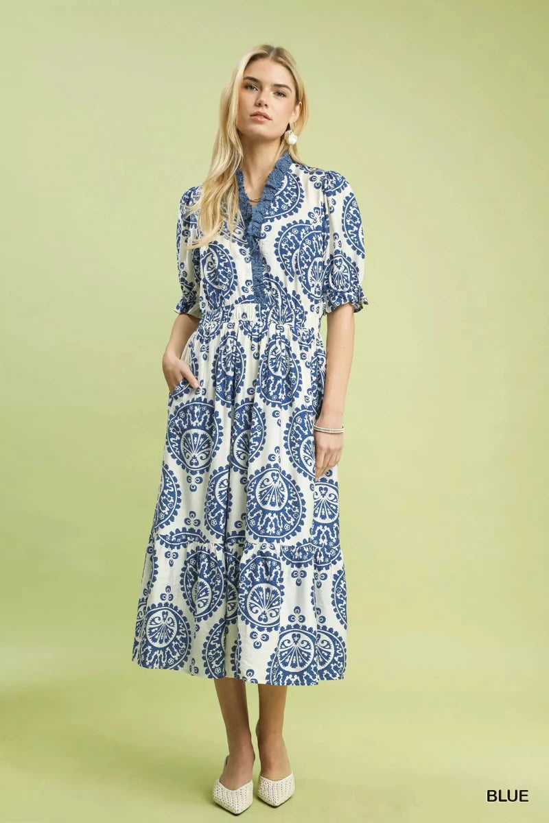 Paisley Midi Dress with Smocked Waist - 