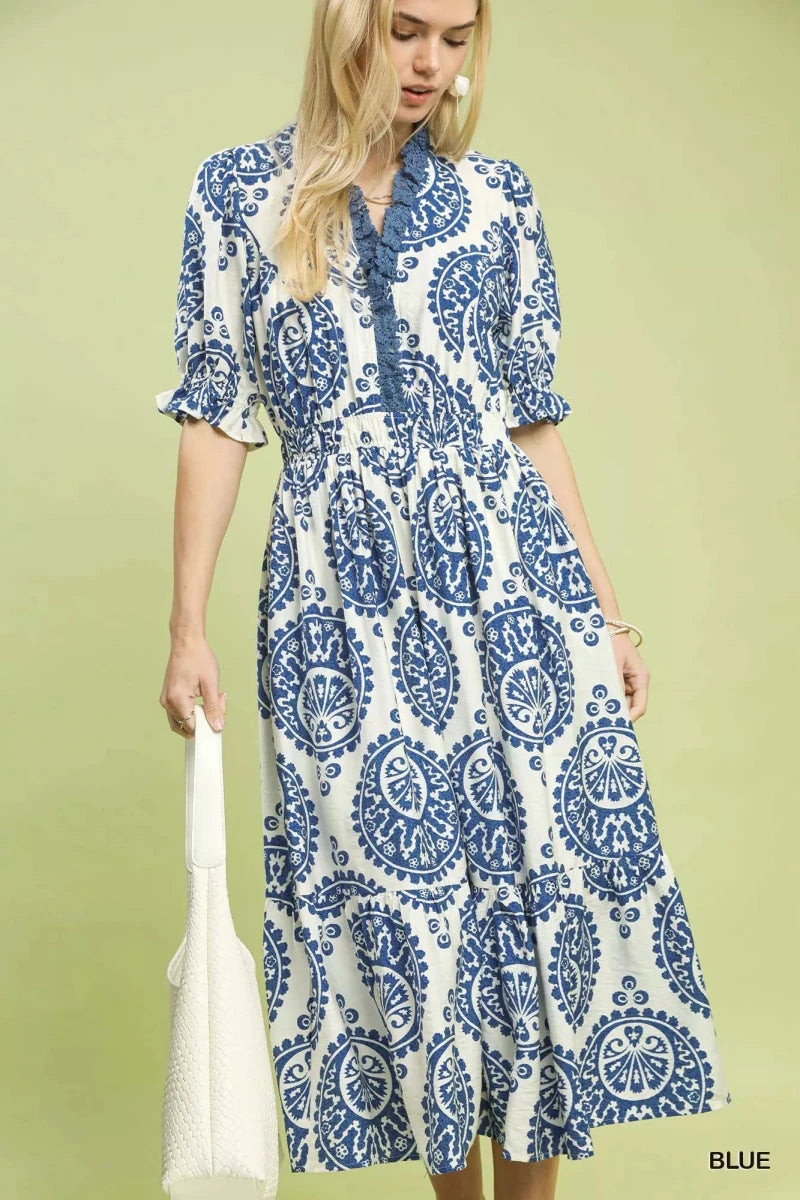 Paisley Midi Dress with Smocked Waist - 