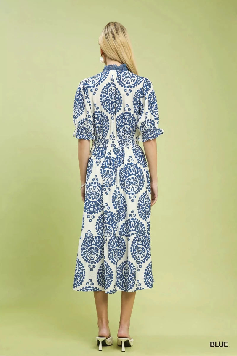 Paisley Midi Dress with Smocked Waist - 