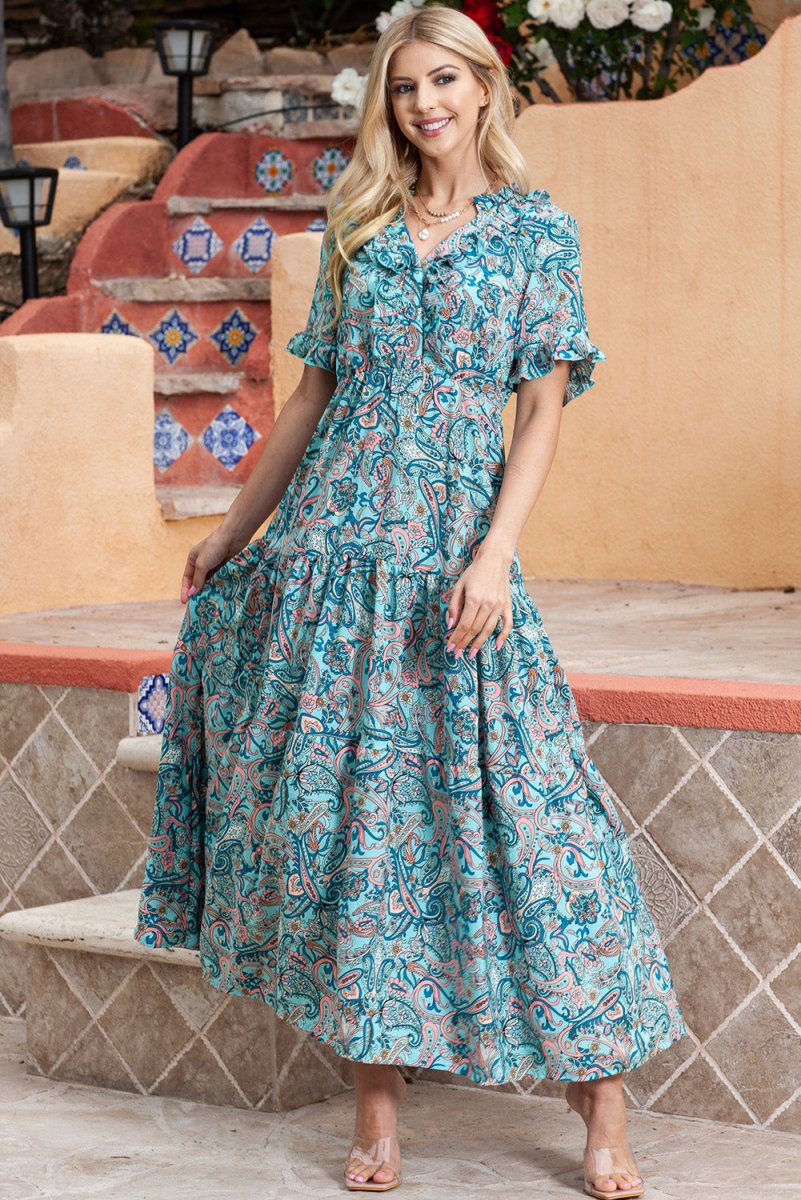 Paisley Print Flounce Sleeve Maxi Dress - Casual Dress