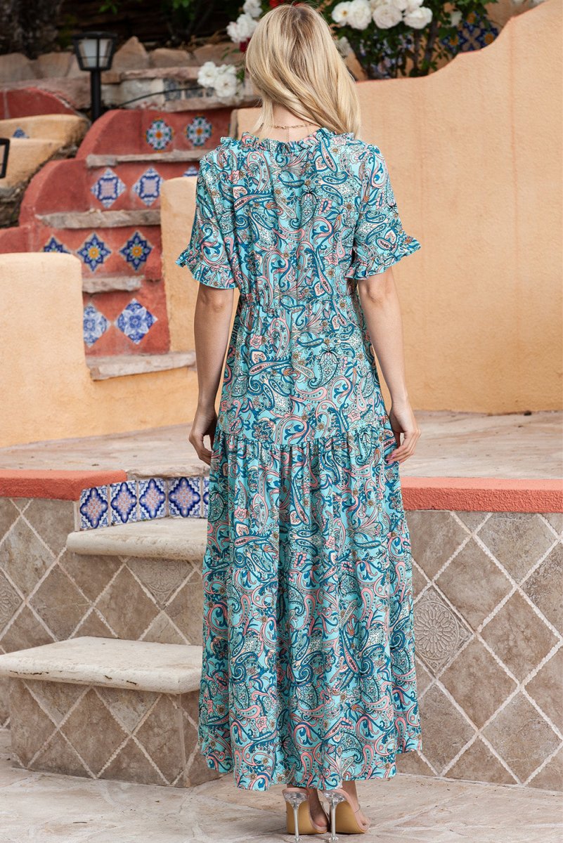 Paisley Print Flounce Sleeve Maxi Dress - Casual Dress