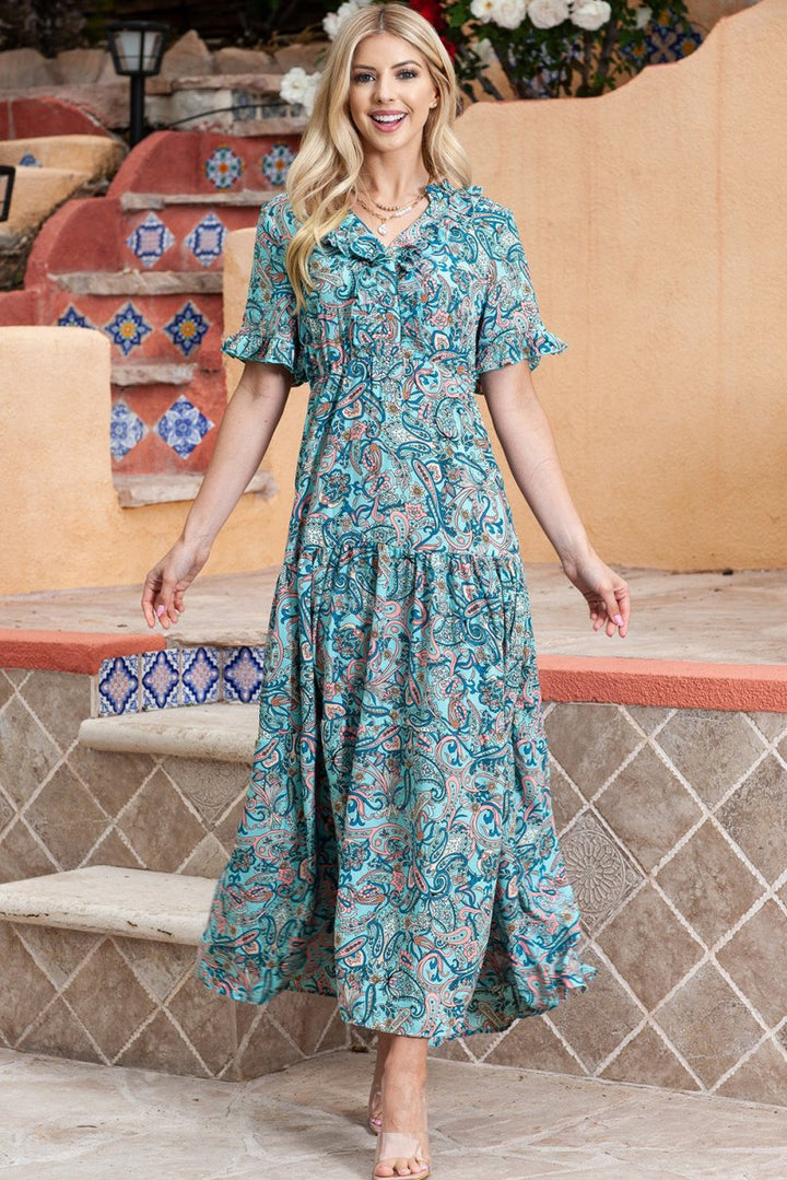 Paisley Print Flounce Sleeve Maxi Dress - Casual Dress