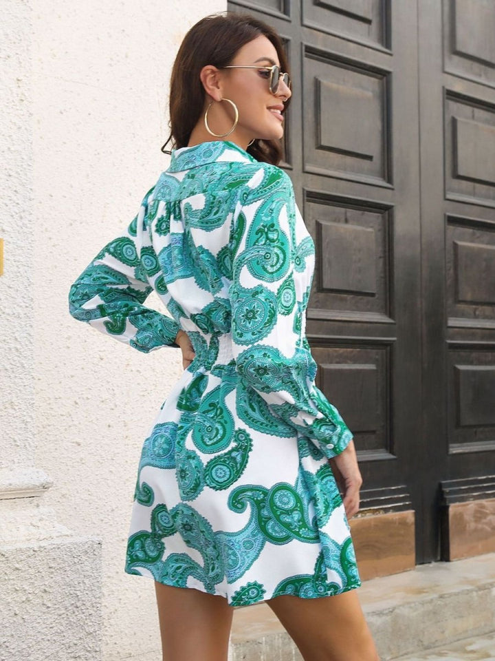 Paisley Print Johnny Collar Smocked Dress - Day Dress