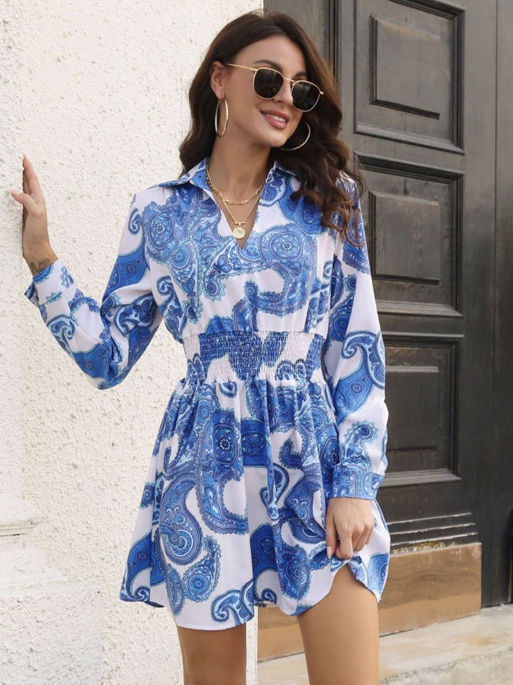 Paisley Print Johnny Collar Smocked Dress - Day Dress