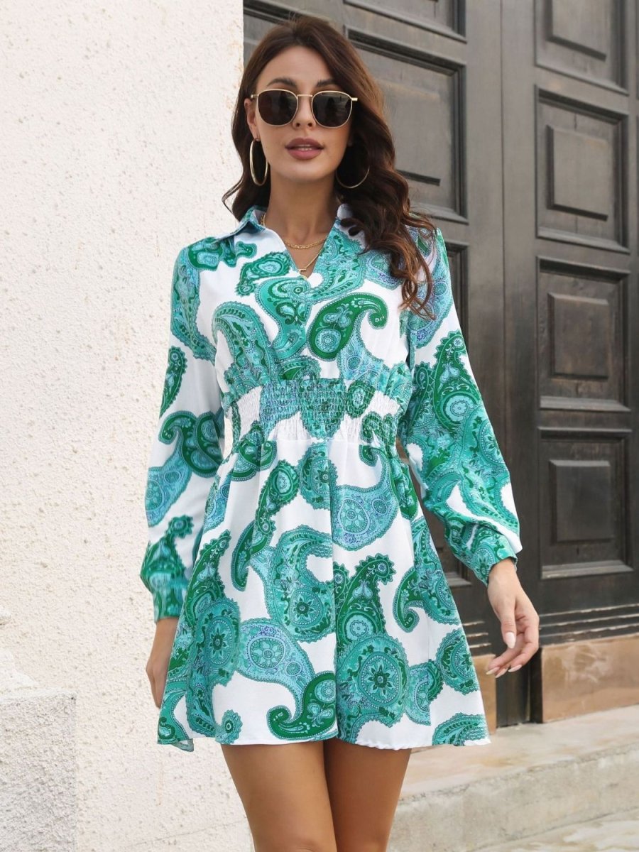 Paisley Print Johnny Collar Smocked Dress - Day Dress