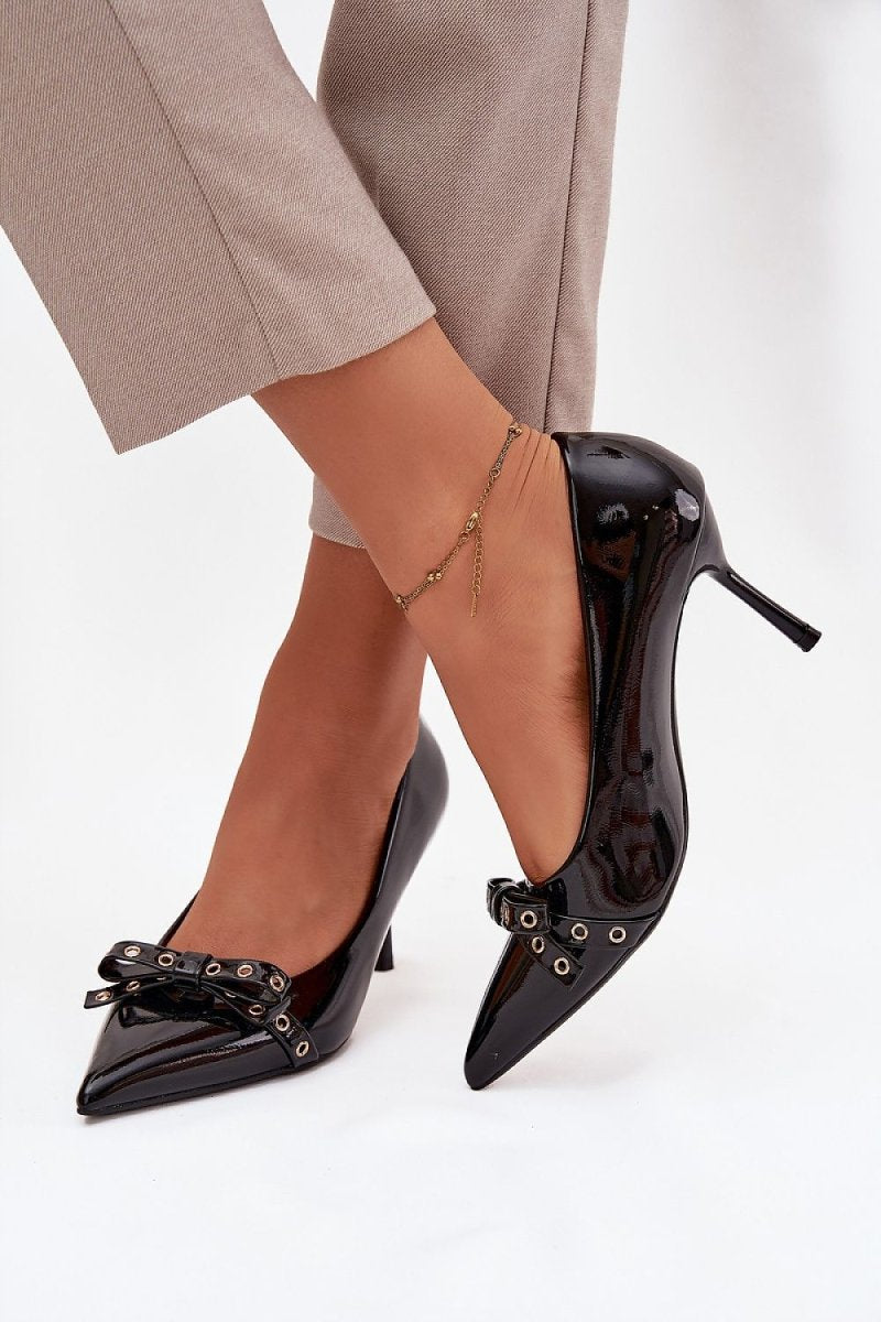 Patent Eco Leather High Heels with Bow - 