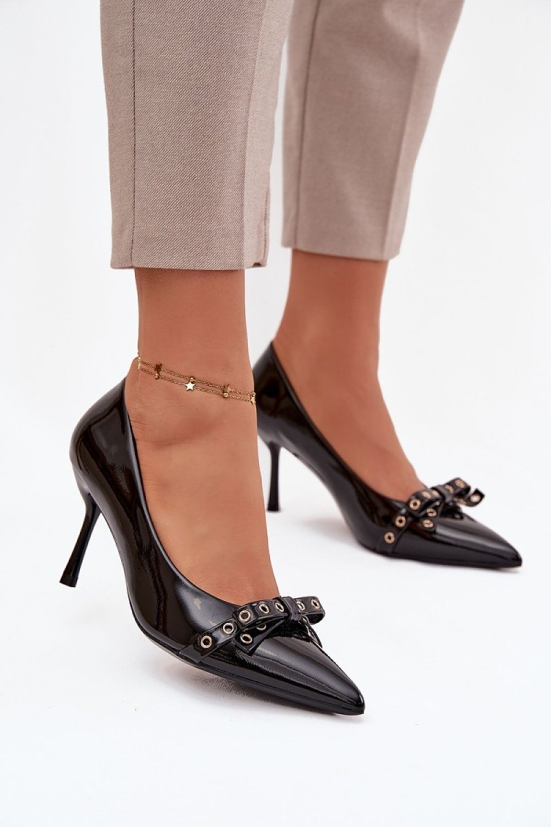 Patent Eco Leather High Heels with Bow - 