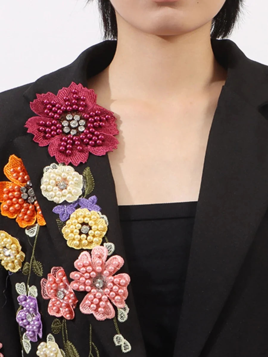 Pearl Detail Blazer with Flower Lapel - 